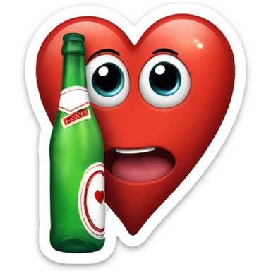 A red heart ❤️ with eyes, a mouth, and hands, tipsy and drunk, holding a bottle, looking wobbly and playful sticker