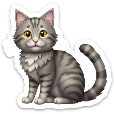 cinematic-[grey tabby cat]-realistic-full-body-sitting-emoji,-tail-curled-playfully-around-its-paws,-head-tilted-dramatically,-scruffy-[grey]-fur,-simplified-yet-realistic-focused-features,-highly-detailed,-glowing-with-an-almost-sarcastic-glow sticker