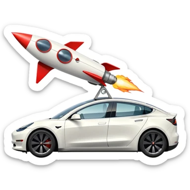 Tesla model 3 white with small rocket mounted flat on roof for extra propulsion sticker