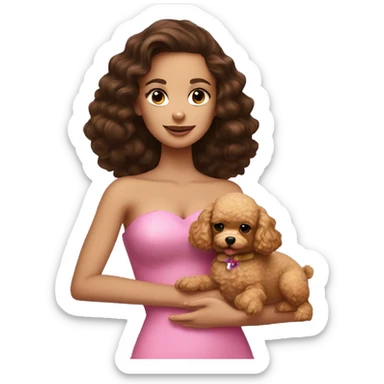 Brunette girl in pretty pink strapless top holding a golden toy poodle sticker