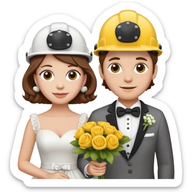 bride and groom couple, both with brown hair, bride has curlers in her hair, both wearing construction helmets and flats, bride holding bouquet, emoji style sticker