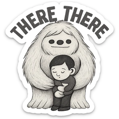 Compress the image to ensure the file size is smaller than 1MB, keep the background transparent, and preserve the 'there there' text through the head of the Abominable Snowman hugging the much smaller kid. sticker