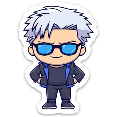 Satoru Gojo from Jujutsu Kaisen, white hair, dark sunglasses, confident smirk, blue eyes, chibi face proportions, energetic expression sticker