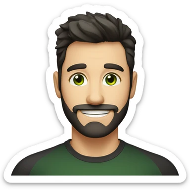 Handsome man with dark hair, gradient short hair on the side, green eyes. Big smile and thin face. Black t-shirt. A little beard sticker