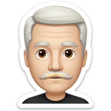 50 yr old white man, pale skin half black, half white hair, side swept part, groomed moustache and goatee sticker