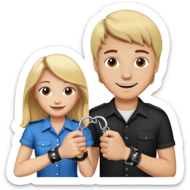 a blonde girl holding handcuffs with her brown haired boyfriend  sticker