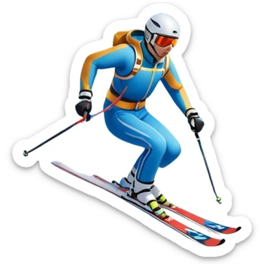 An icon featuring snowy peaks, pine trees, and a picturesque mountain landscape with a skier racing down a snow-covered slope. The sky is blue with soft clouds, capturing the thrill and beauty of alpine skiing. Transparent background highlights the excitement and serenity of winter sports. sticker