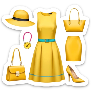 Icon for Fashion Design: a clothing scheme, a stylish hat, a bright dress, shoes, and a handbag with measurements, a measuring tape and a pencil. The emoji should represent the creative and precise process of fashion design. Transparent background. sticker