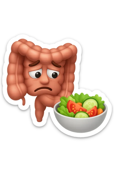 EMOJI STILE IPHONE DI UN INTESTINO UMANO ANATOMICO CHE GUARDA UN INSALATA CON ESPRESSIONE TRISTE E RASSEGNATA IN VOLTO: SOFFRE LA FAME PERCHé è A DIETA, FAGLI ANCHE LA PARTE BIANCA DEGLI OCCHI, NON SOLO LE PUPILLE sticker