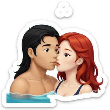 long black haired asian guy kiss redhead girl in ocean sticker