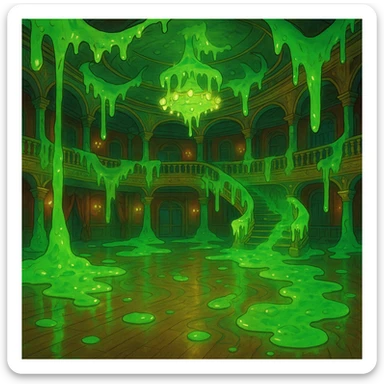 a ghibli-inspired dance hall with a whimsical, slimy atmosphere and glowing green ooze sticker