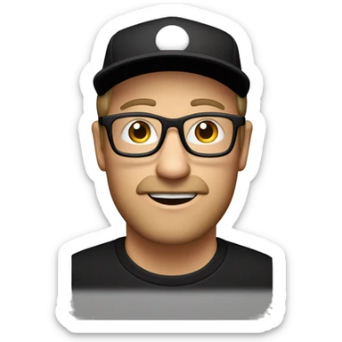 mid age white man in a white t-short, black cap with white dot on it, in black-framed square glasses, small brown beard, on a black background  sticker