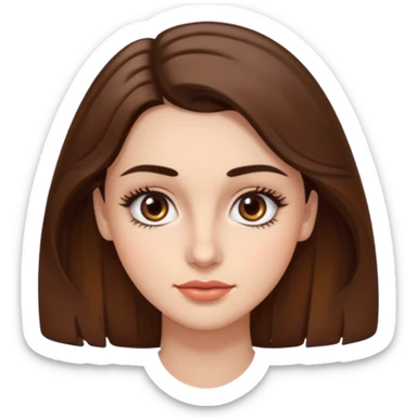 uma mulher com cabelo curto, castanho, levemente ondulados e um pouco abaixo do ombro, sobrancelhas grossas e cílios grandes. Cor da pele é branca e olhos castanhos e um pequeno sinal na bochecha direita.  sticker