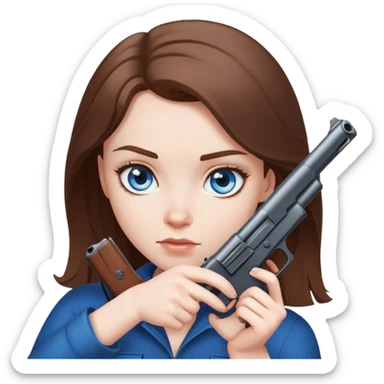 White girl with blue eyes and brown hair holding gun to the camera sticker