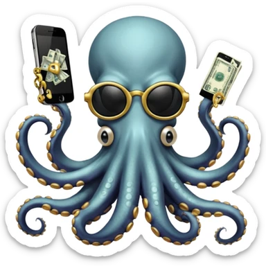 Intimidating octopus with pearl white skin, black suction cups. Wearing black mirrored sunglasses and a gold chain. 3 tentacles are holding their own cellphone with one held to the side of its face as if its on a phone call, 2 other tentacles are holding stacks of money sticker