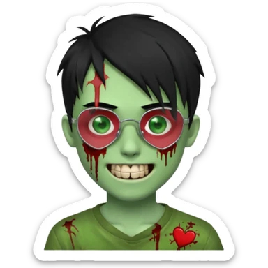 Zombie emo boy, green skin and black hair, chrome heart glasses and a scary cut open smile, scars and blood under eyes sticker