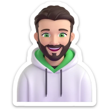 laughing guy with white hoodie, green eyes, dark brown undercut hairstyle and a short full beard sticker