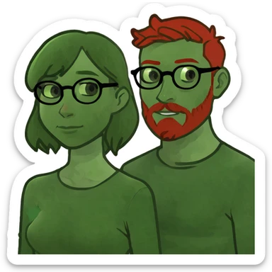 Brunette girl, with brown round glasses, and freckles and pale man with dirty blonde hair, freckles, blue eyes, and red beard. sticker