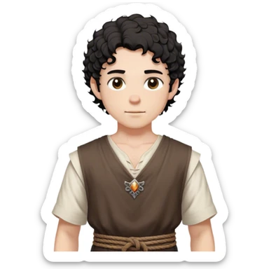 medieval summer outfit worn by a DnD themed fantasy male character. basic sleeveless cotton tunic with a V-shaped neckline and a thin rope belt. clothes only above the waist. The clothes full waist. The character's haven't arms. character is white-skinned, black hair, brown eyes, short curly hair. sticker