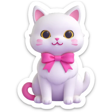cute white cat with a pink ribbon sitting among tall green grass and white flowers, soft rounded playful appearance, inspired by reference image, 3D emoji style sticker
