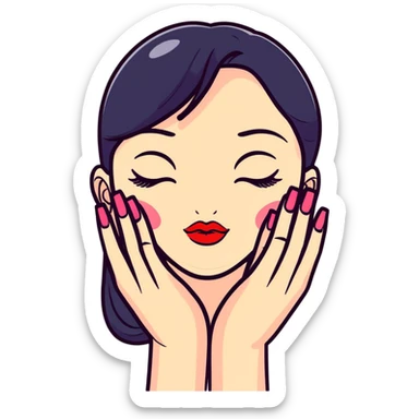 A cute face with closed eyes that form upward curved lines, eyelashes, pursed lips with lipstick, and a hand gesture with only the thumb out while other fingers are closed, all nails painted sticker