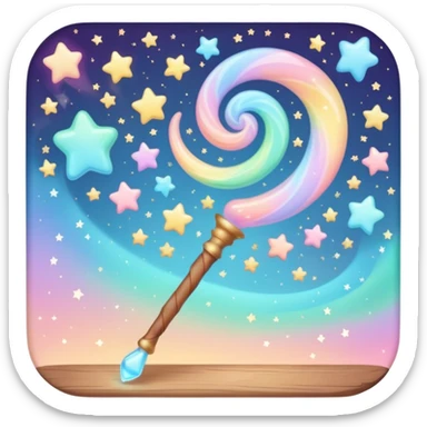 Cinematic cute magical wand, pastel swirls of color, tiny twinkling stars floating around, glowing softly, chubby rounded edges, whimsical and dreamy. sticker