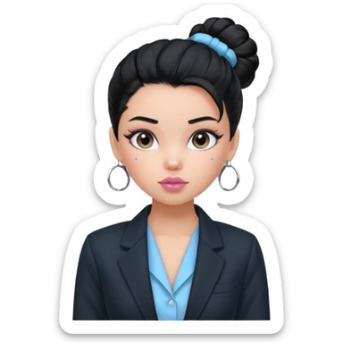 generate a pretty bratz girl with black hair tied up in a bun. wearing a light blue full sleeve shirt and a black blazer over it. silver small hoops, pink lipgloss.  sticker