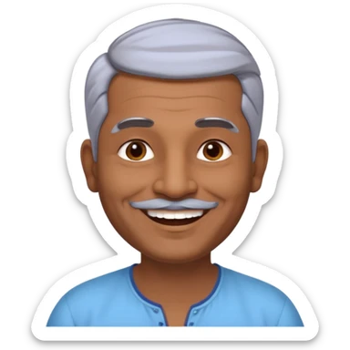 50 yr old indian man, dark skin, grey hair, big smile, white teeth, chubby, no moustache, clean shaven, young style hair, bindy, hair brushed back, stubble sticker