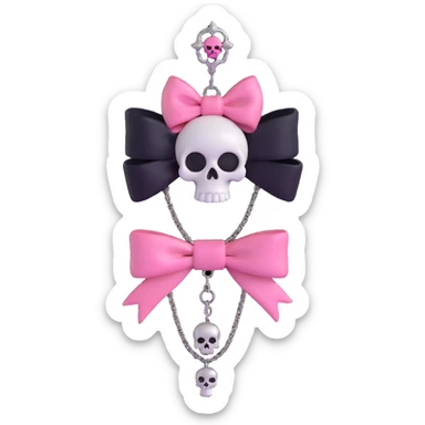 3D emoji style pink bow with gothic effect, black satin overlay, silver chain fringe, and a tiny skull brooch sticker