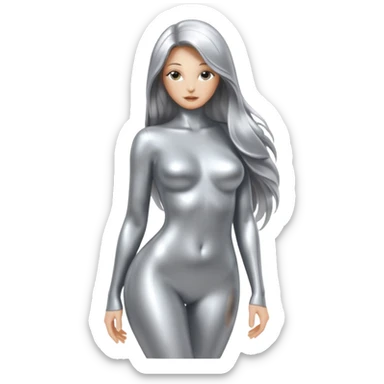 abstract sensual body silhouette, liquid silver chrome, smooth curves,chrome silver long hair, chrome metallic silver sticker