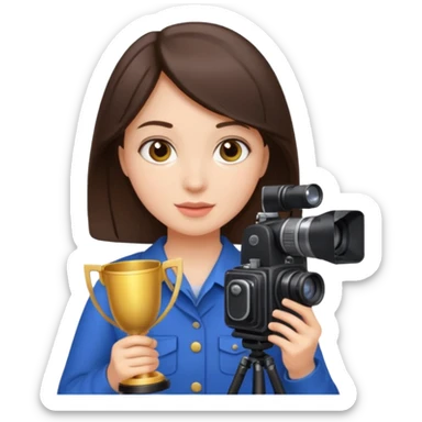 A brunette girl , she’s a proud and successful filmmaker 🍿🌍✨ she’s next to a camera, / holding awards  sticker