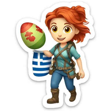 Female winter mountaineer red hair climbing with Greek flag and holding Easter eggs basket sticker