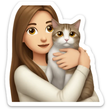 a girl with long brown hair, in a white sweater, hugs a Scottish fold cat. sticker