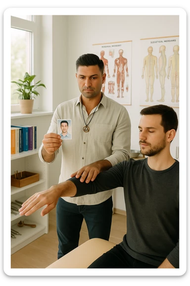 a middle-aged man, dressed in casual professional attire, is in a bright, organized therapy studio. Durante una visita di kinesiologia, il ragazzo tiene con una mano la foto di una persona lontana (il “testimone”) tiene la foto in mano, mentre con l’altra mano esegue un test muscolare su un cliente presente senza foto lui non tiene la foto. Sullo sfondo si vedono libri di kinesiologia, poster anatomici e strumenti tipici della disciplina. L’atmosfera è concentrata e serena, con luce naturale che entra dalla finestra, sottolineando l’aspetto alternativo e umano della pratica. sticker