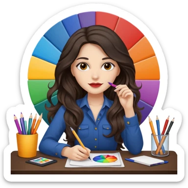 female dark wavy long hair graphic designer , color wheel, pens, papers, desktop sticker