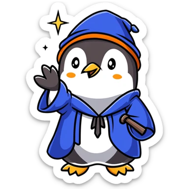 A penguin in a blue wizard robe and pointy hat with stars, casting a magical spell sticker