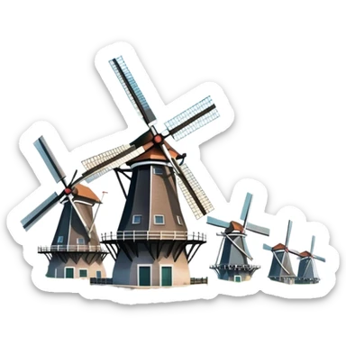 Cinematic Realistic Kinderdijk Windmills Landmark Emoji, depicted as a row of classic Dutch windmills set against a serene sky rendered with detailed textures and soft natural lighting. sticker