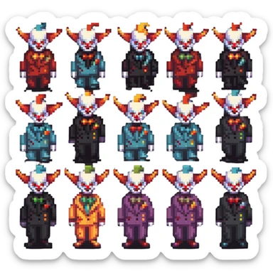 demonic clown wearing a leisure suit, bald with different horn styles sticker