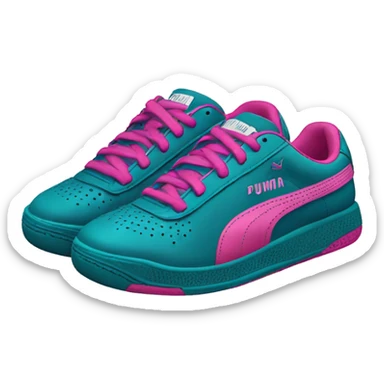 Realistic isolated side view of a pair of dark teal blue pink and magenta Puma Sneaker tennis shoes. sticker