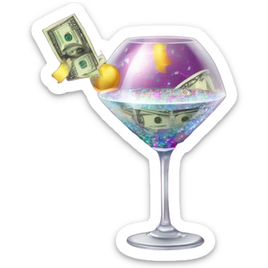 A glittering disco ball with dollar bills flying around it, a spilled wine glass, and a lipstick-stained martini glass surrounded by confetti and sparkles sticker