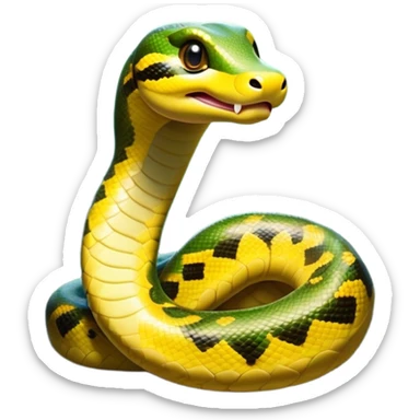 Cinematic Cute Anaconda Portrait Emoji, Head tilted playfully and inquisitively, with a sleek, shimmering body adorned with detailed scale patterns and round, sparkling eyes full of wonder, Simplified yet irresistibly adorable features, highly detailed, glowing with a warm, friendly jungle glow, high shine, affectionate and lively, stylized with a touch of whimsical reptilian charm, soft glowing outline, capturing the essence of a mischievous serpent that feels like it could slither out of the screen into your arms! sticker