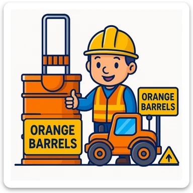 Add a friendly cartoon construction worker standing next to the orange road construction barrel and the 'Orange Barrels' sign. The worker should wear a yellow hard hat and a safety vest, matching the playful, bright cartoon scene. sticker