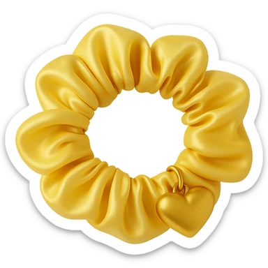 Add a small gold heart charm to the pastel yellow silky scrunchie, keep the 3D emoji style and shimmer effect. The style is 3D emoji with a shiny, smooth, and realistic look. Remove the background. sticker