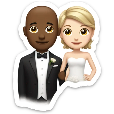 a white girl in a wedding dress with short hair and a brown guy in a tux with a buzz cut  sticker