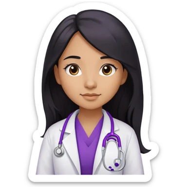 Light browned skin girl with long black hair and wearing a doctors coat with a purple stethoscope around her neck sticker
