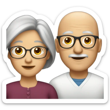 old couple woman with long brown hair and bald man with glasses sticker