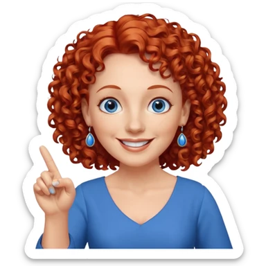 una profesora mayor simpática con el pelo rojo rizado, ojos azules, vestido azul y pendientes azules hablando sonriendo feliz indicando con un dedo sticker