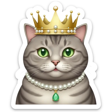A cute, chubby, fluffy, cool grey tabby cat with green eyes, white tummy, a simple pearl necklace and crown sticker