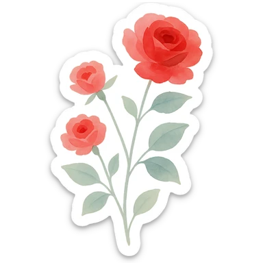 rose bush with layered brushstrokes, vibrant red and pink roses, realistic foliage, elegant shape, watercolor art style sticker