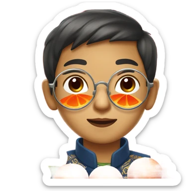 portrait of a cute Filipino boy with mandarin oranges for chinese new year plus round metal frame specs and red chinese ampao sticker